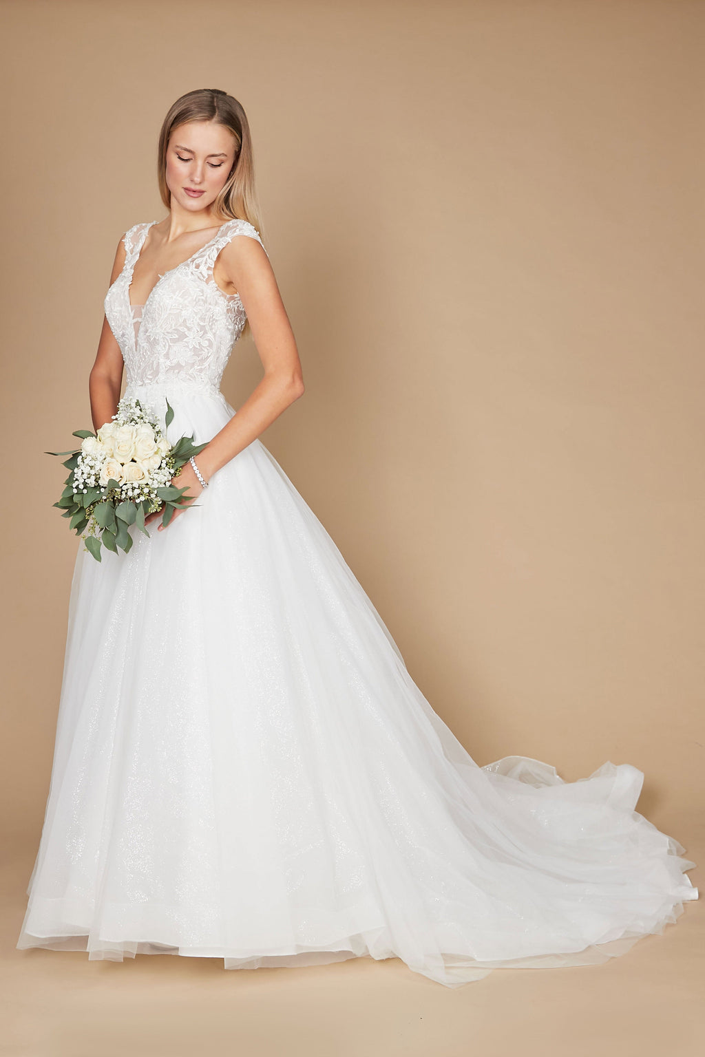 Kos Couture Vestido de Novia Largo de Encaje con Manga Casquillo