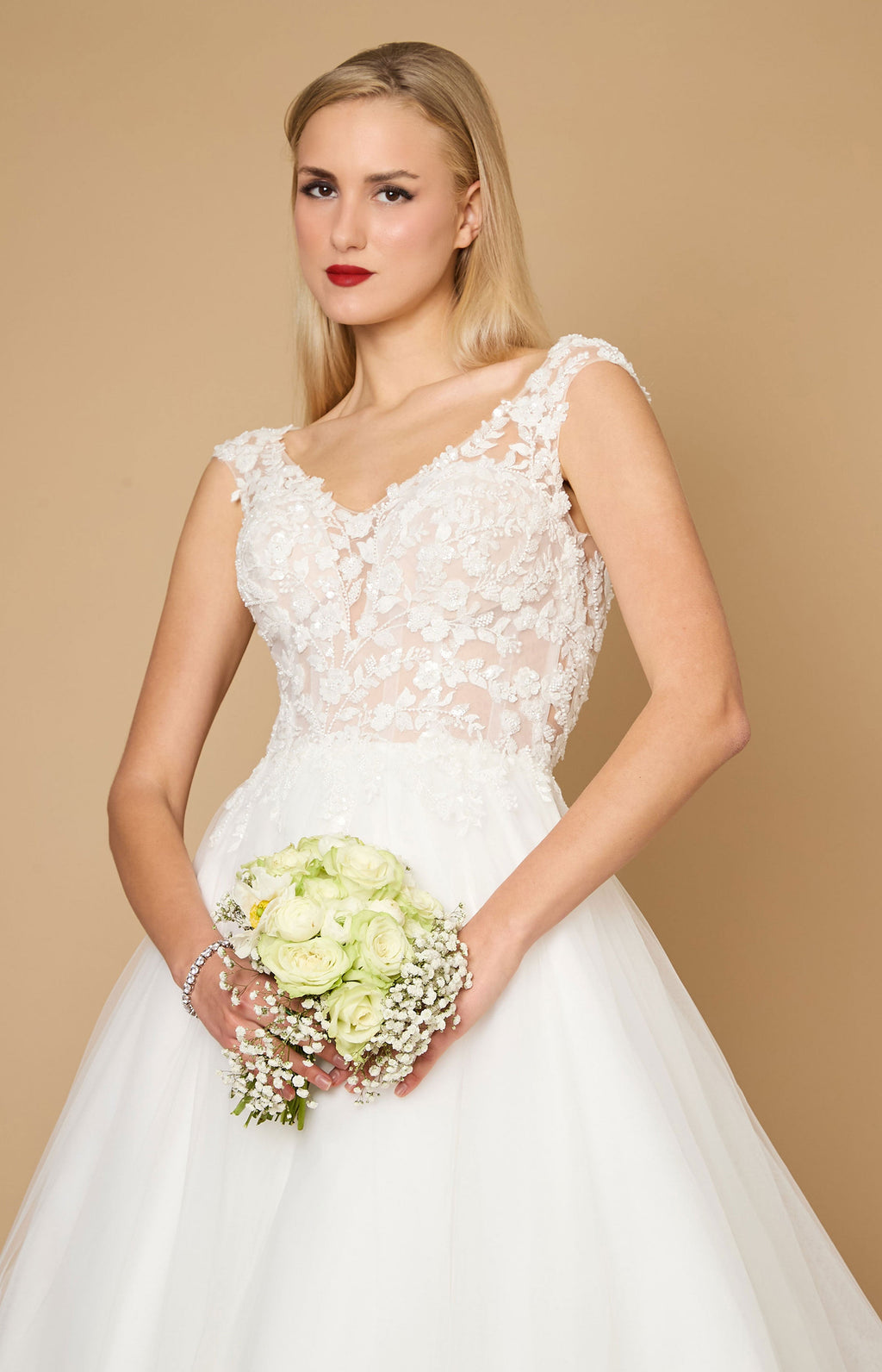 Vestido de Novia Largo de Encaje con Tirantes Anchos Blanco Roto