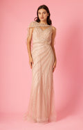 Kos Couture Vestido Largo Couture de Capa Formal con Abalorios a Mano