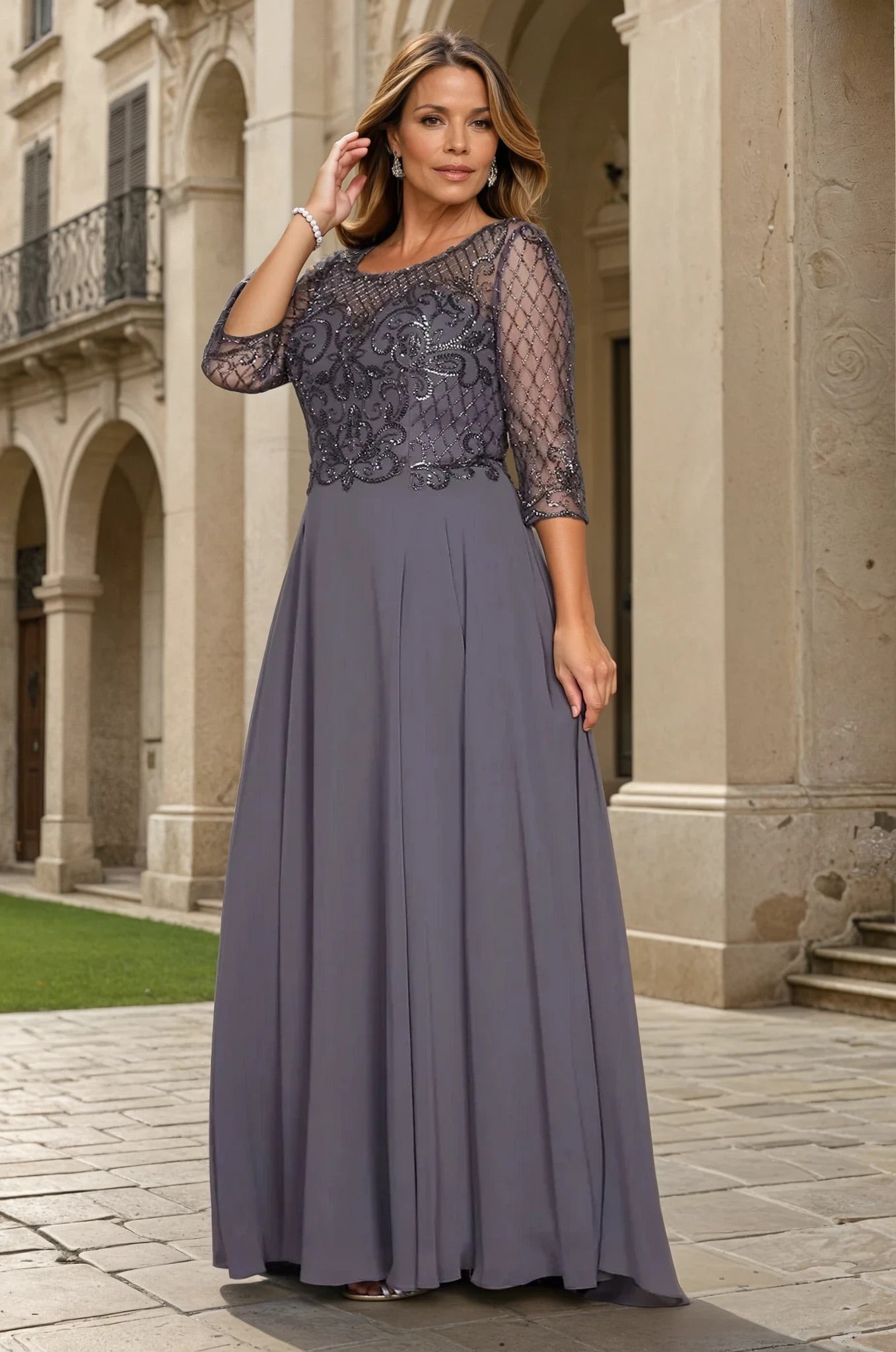 Kos Couture Vestido de Manga Larga con Abalorios Hechos a Mano para Madre de la Novia