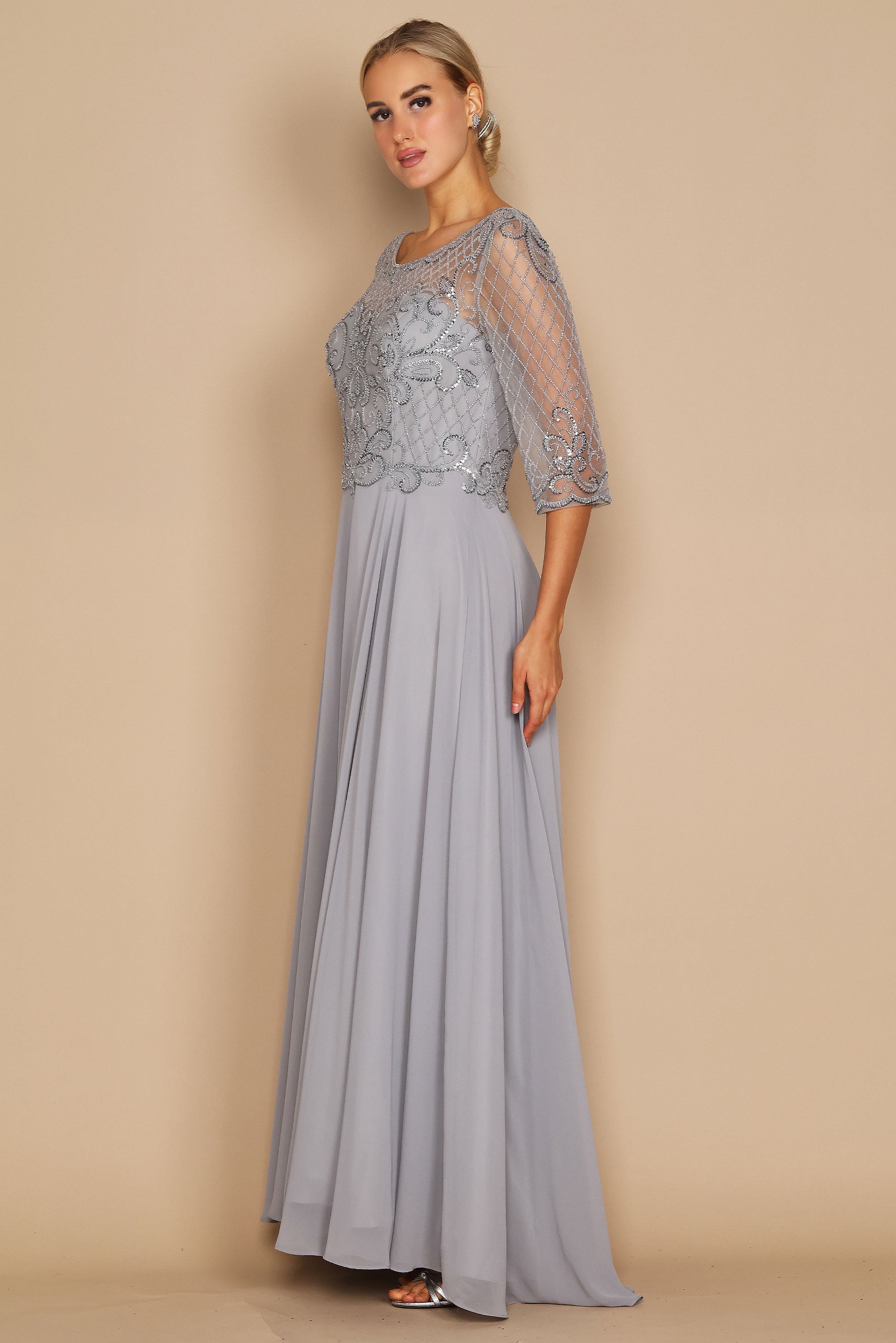 Kos Couture Vestido de Manga Larga con Abalorios Hechos a Mano para Madre de la Novia