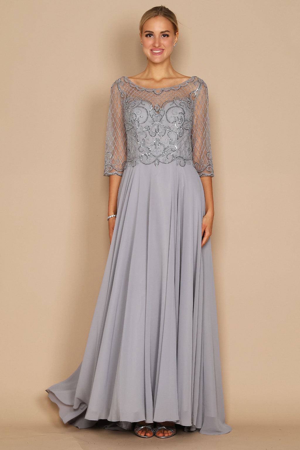 Kos Couture Vestido de Manga Larga con Abalorios Hechos a Mano para Madre de la Novia