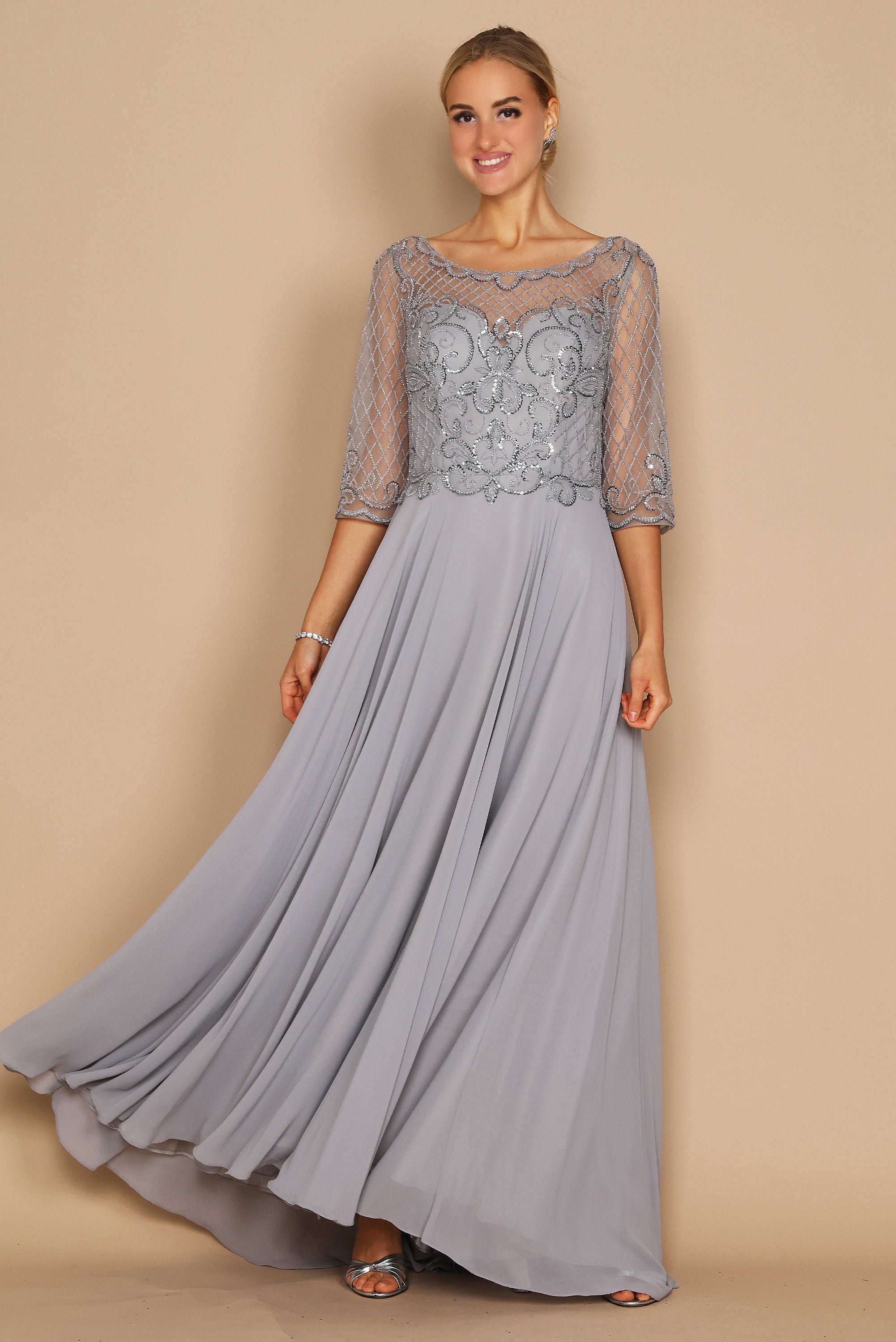 Kos Couture Vestido de Manga Larga con Abalorios Hechos a Mano para Madre de la Novia