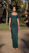Kos Couture Vestido Formal Largo con Corset y Mangas Abullonadas