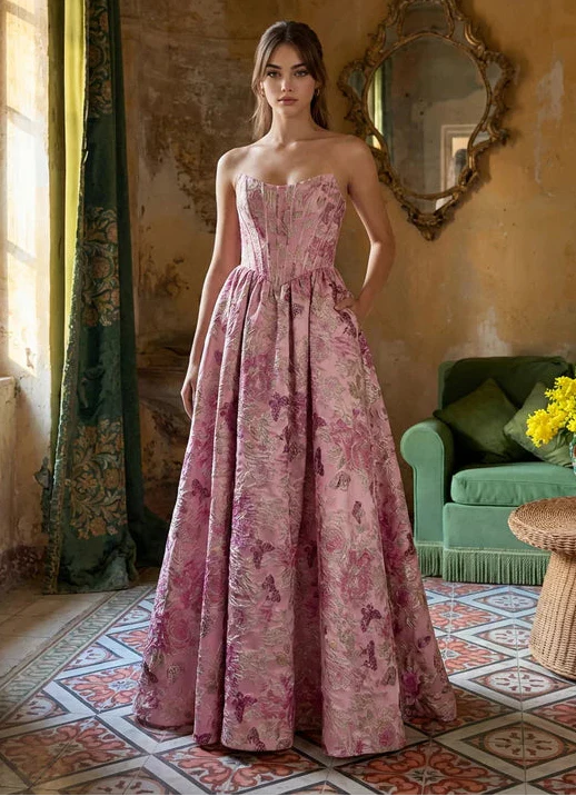 Kos Couture Vestido de Graduación Largo Rosa con Corsé