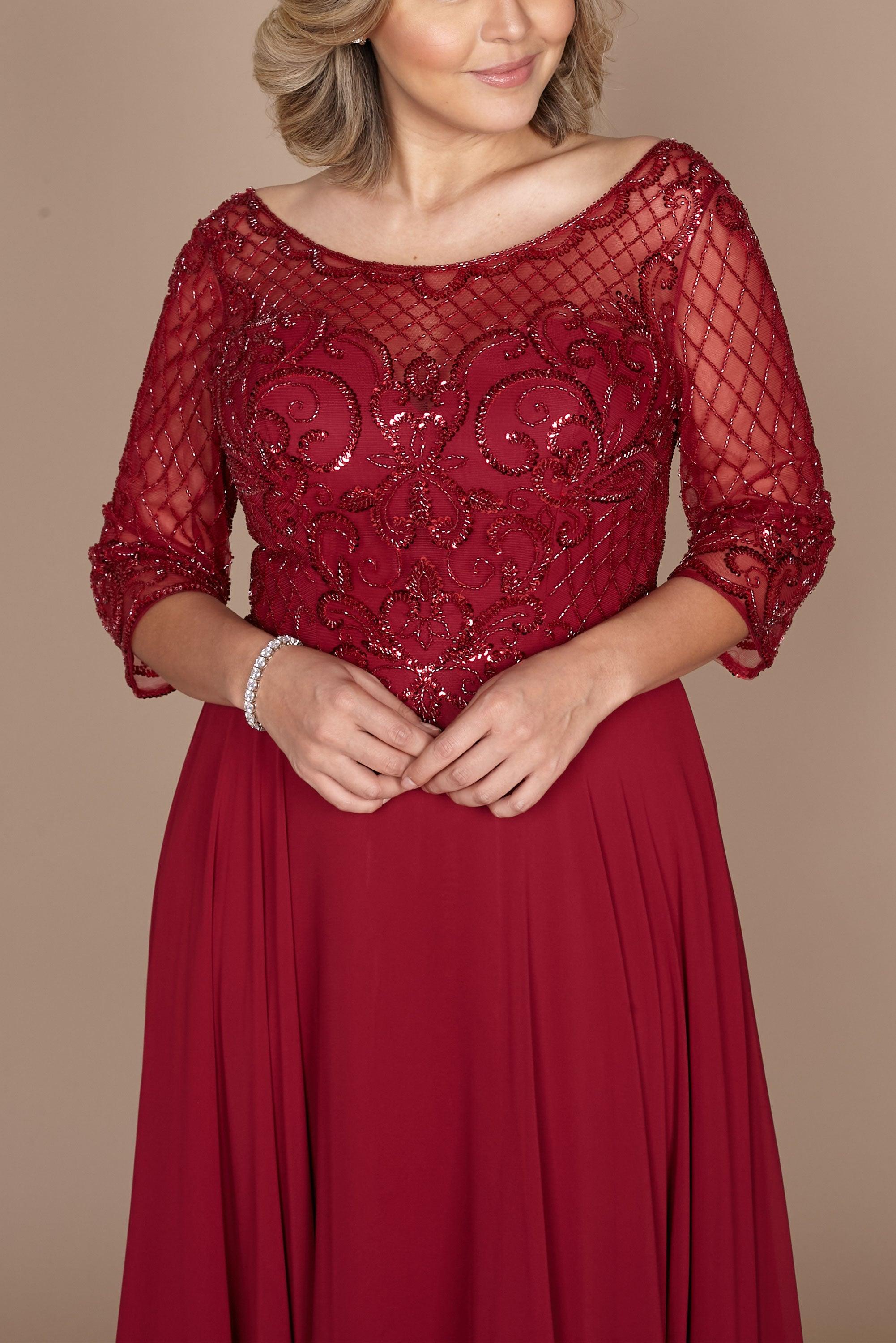 Kos Couture Vestido de Manga Larga con Abalorios Hechos a Mano para Madre de la Novia