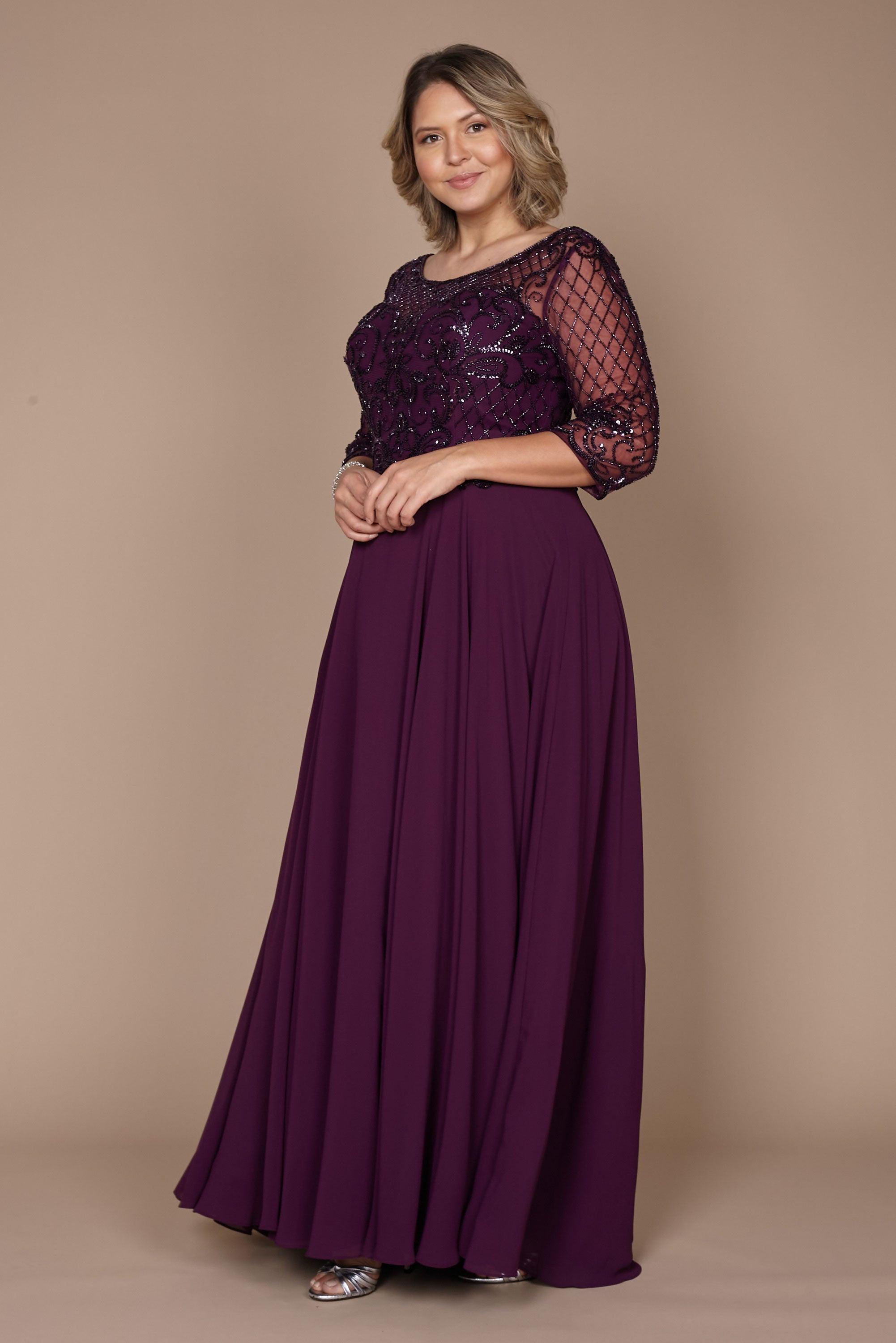 Kos Couture Vestido de Manga Larga con Abalorios Hechos a Mano para Madre de la Novia