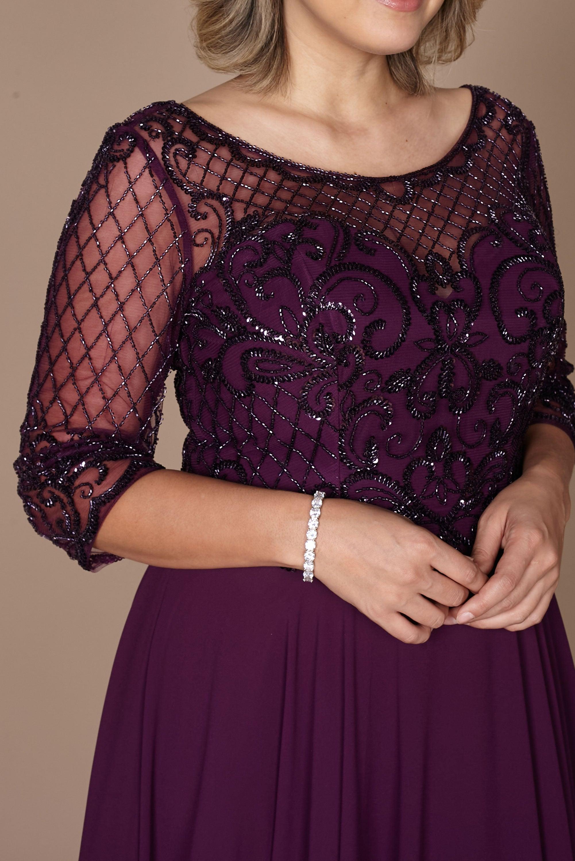 Kos Couture Vestido de Manga Larga con Abalorios Hechos a Mano para Madre de la Novia