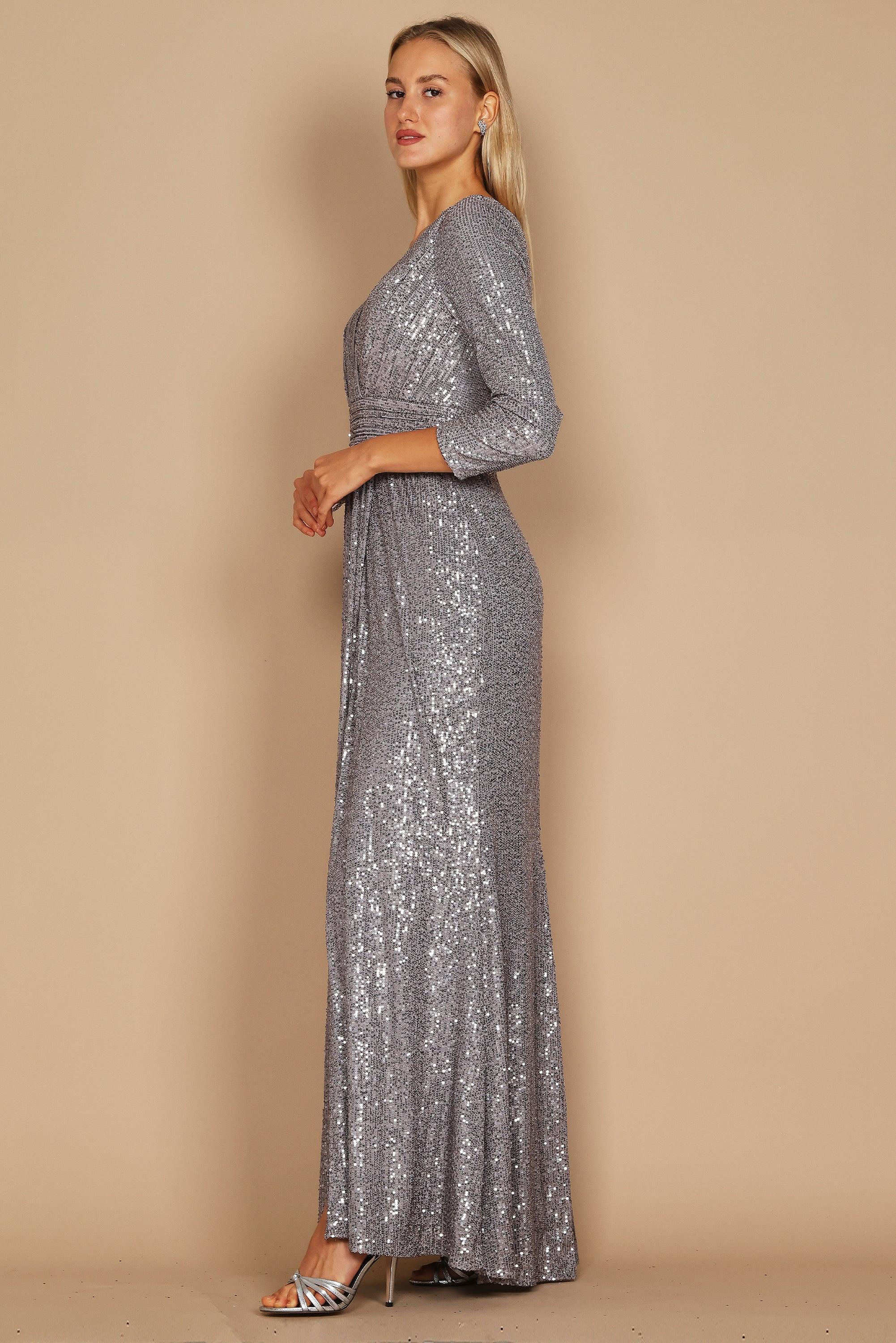 Kos Couture Vestido Formal de Manga Larga con Lentejuelas y Abalorios a Mano