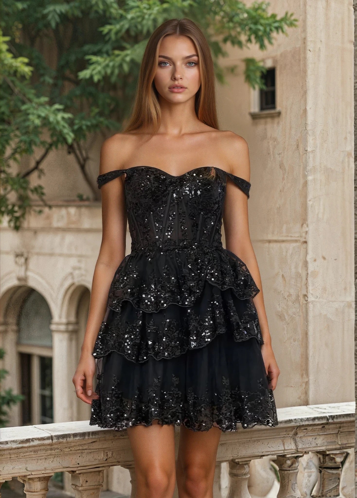 Vestido Corto de Homecoming Escote Corazón con Capas Negro